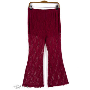 Women's Wine Red Whimsigoth Mesh Bohemian Flared Festival Pants Size Large